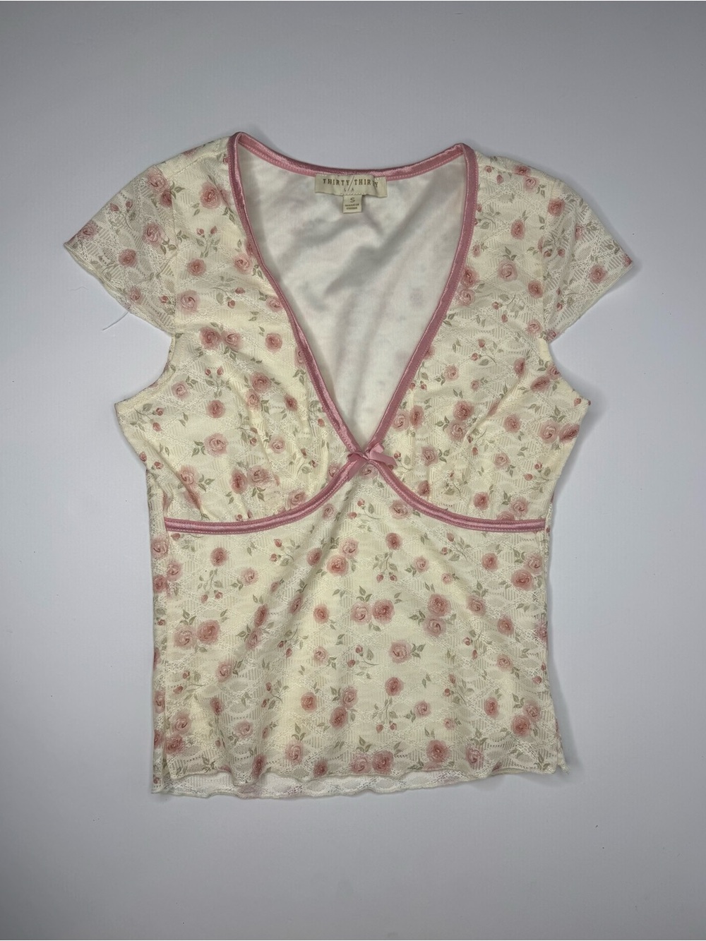 Y2K Thirty Thirty Floral Lace Mesh Top Pink Cream Coquette Baby Tee Small